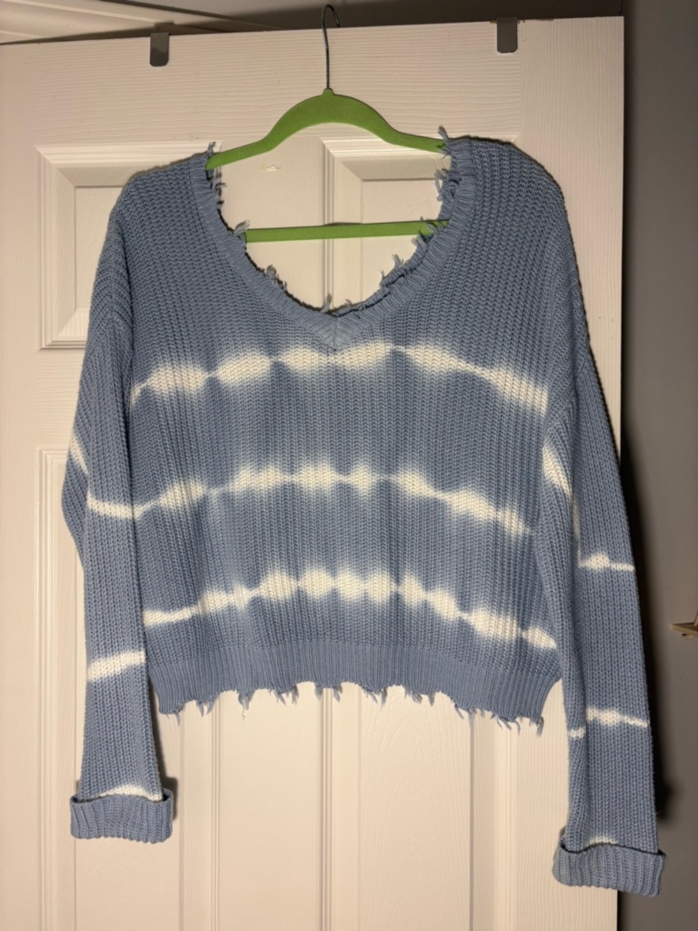 Light Blue and White Tie-Dye Distressed Knit Sweater